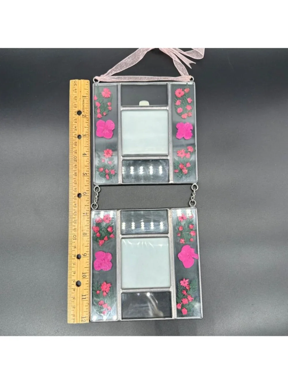 Vintage Hanging Picture Frames Pink Pressed Flowers Pewter Double Photos Cottage